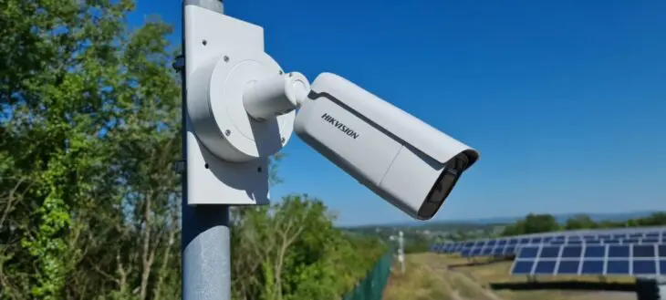A surveillance cameras protecting and securing a utility scale solar farm in the UK